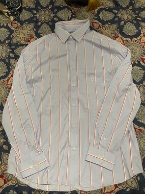 Express Light Blue Dress Shirt with Red and White Stripes